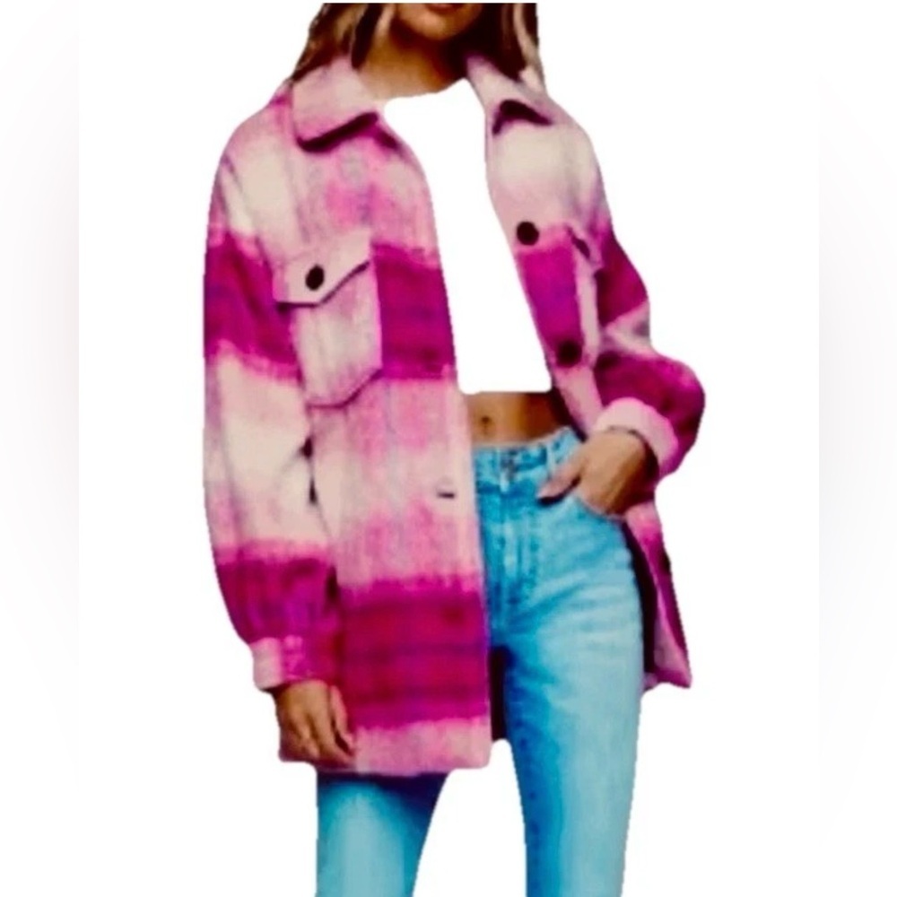 Forever 21 Plaid Flannel Pink Oversized Jacket Wool Blend Women’s MEDIUM New
